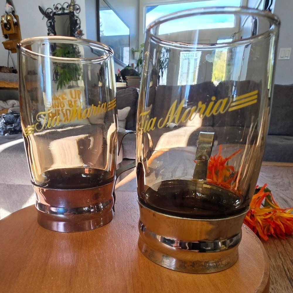 Vtg Anchor Hocking Tia Maria Smoked Glass Mugs Set of 2 Retro Barware